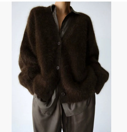 V-Neck Fuzzy Button Cardigan