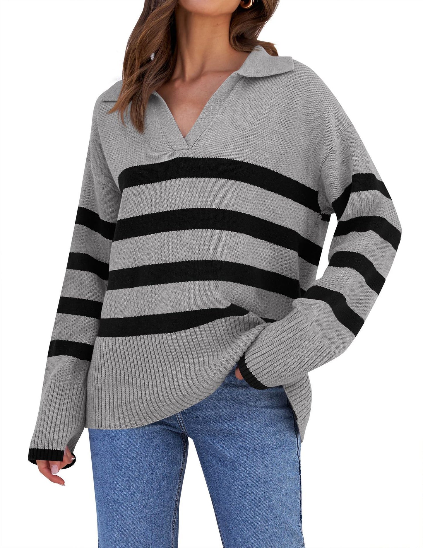 Loose Striped V-Neck Knit Sweater