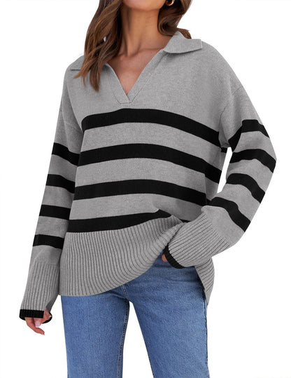 Loose Striped V-Neck Knit Sweater