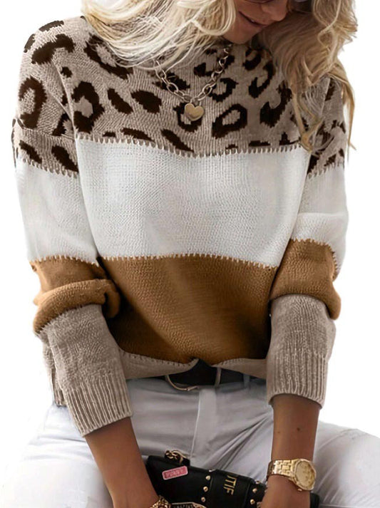 Colorblock Leopard Pattern Knit Sweater
