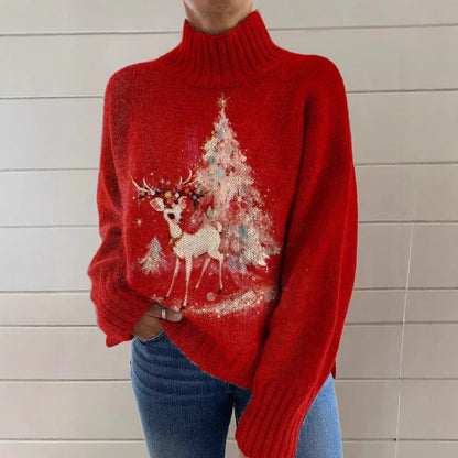 Reindeer Print Turtleneck Sweater