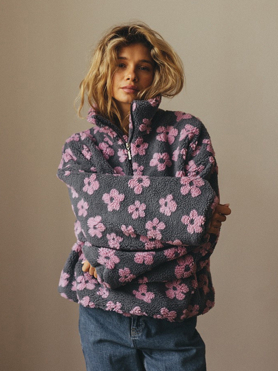 Floral Lambskin Zip-Up Pullover with Pocket