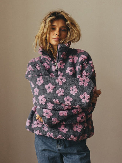 Floral Lambskin Zip-Up Pullover with Pocket