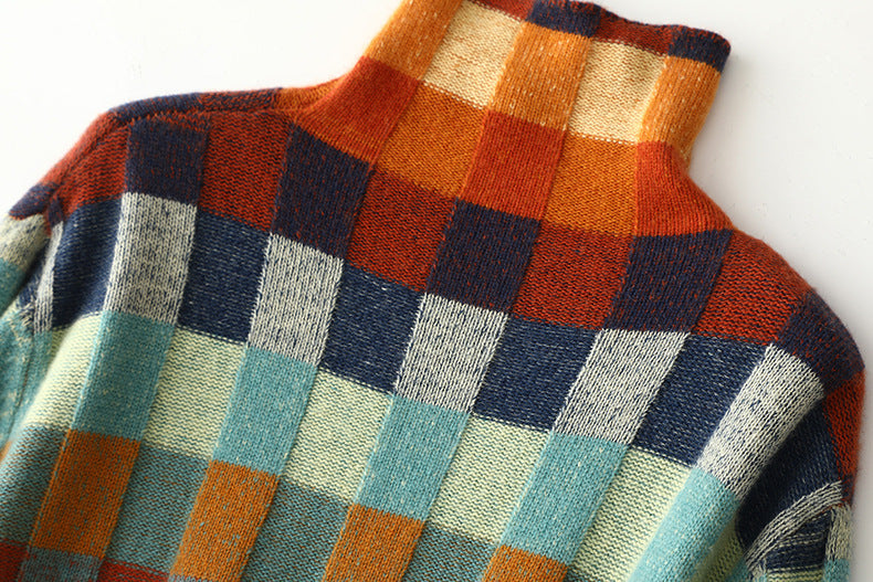 Checkerboard Wool Turtleneck Sweater