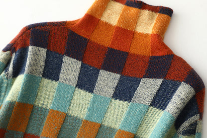 Checkerboard Wool Turtleneck Sweater