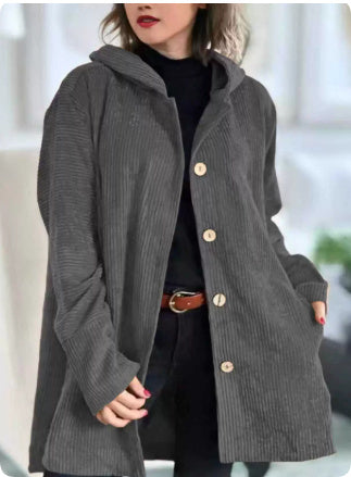 Hooded Corduroy Button-Up Casual Jacket