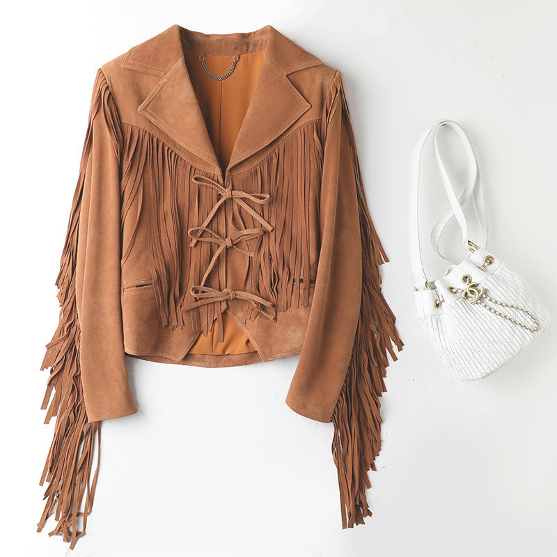 Genuine Sheepskin Tassel Moto Jacket