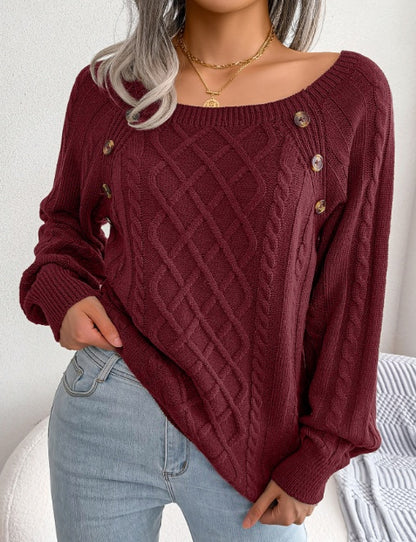 Button Design Square Neck Sweater