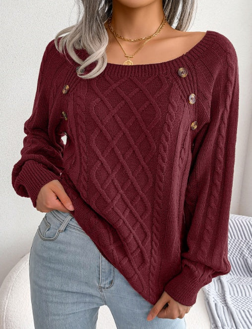 Button Design Square Neck Sweater