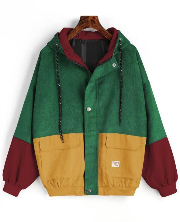 Colorblock Corduroy Hooded Baseball Jacket