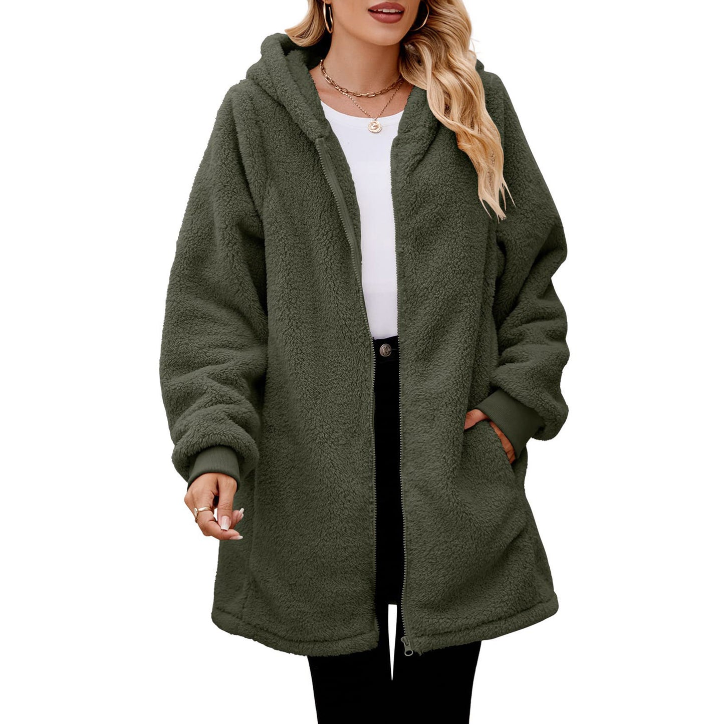 Plush Hooded Zip Cardigan Coat
