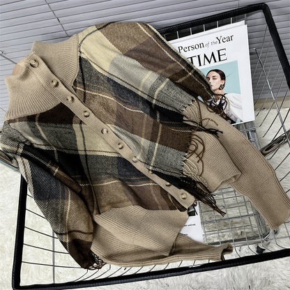 Turtleneck Plaid Tassel Shawl Knit Cardigan