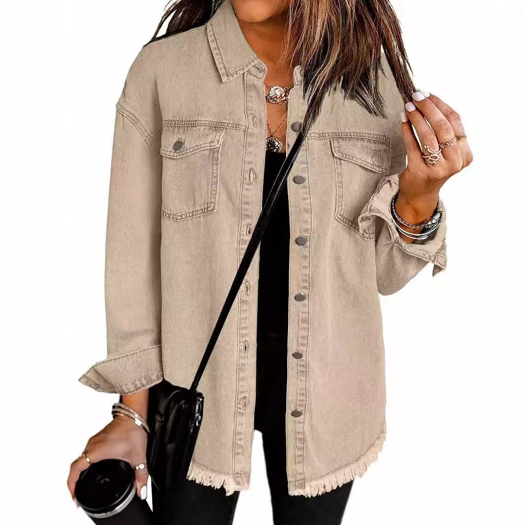 Frayed Hem Washed Denim Jacket