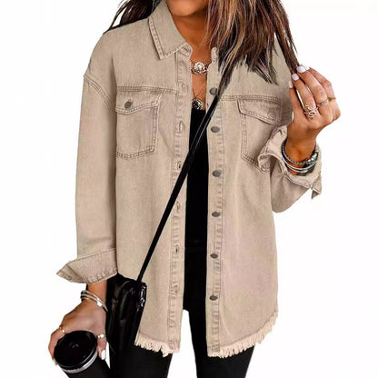 Frayed Hem Washed Denim Jacket