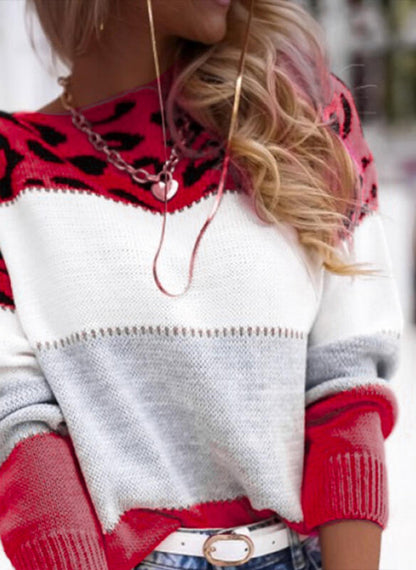 Colorblock Leopard Pattern Knit Sweater