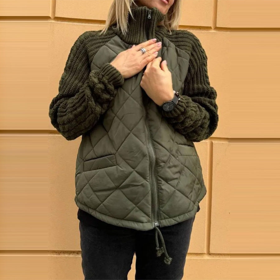 Stand Collar Quilted Knitted Jacket