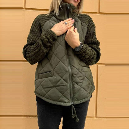 Stand Collar Quilted Knitted Jacket