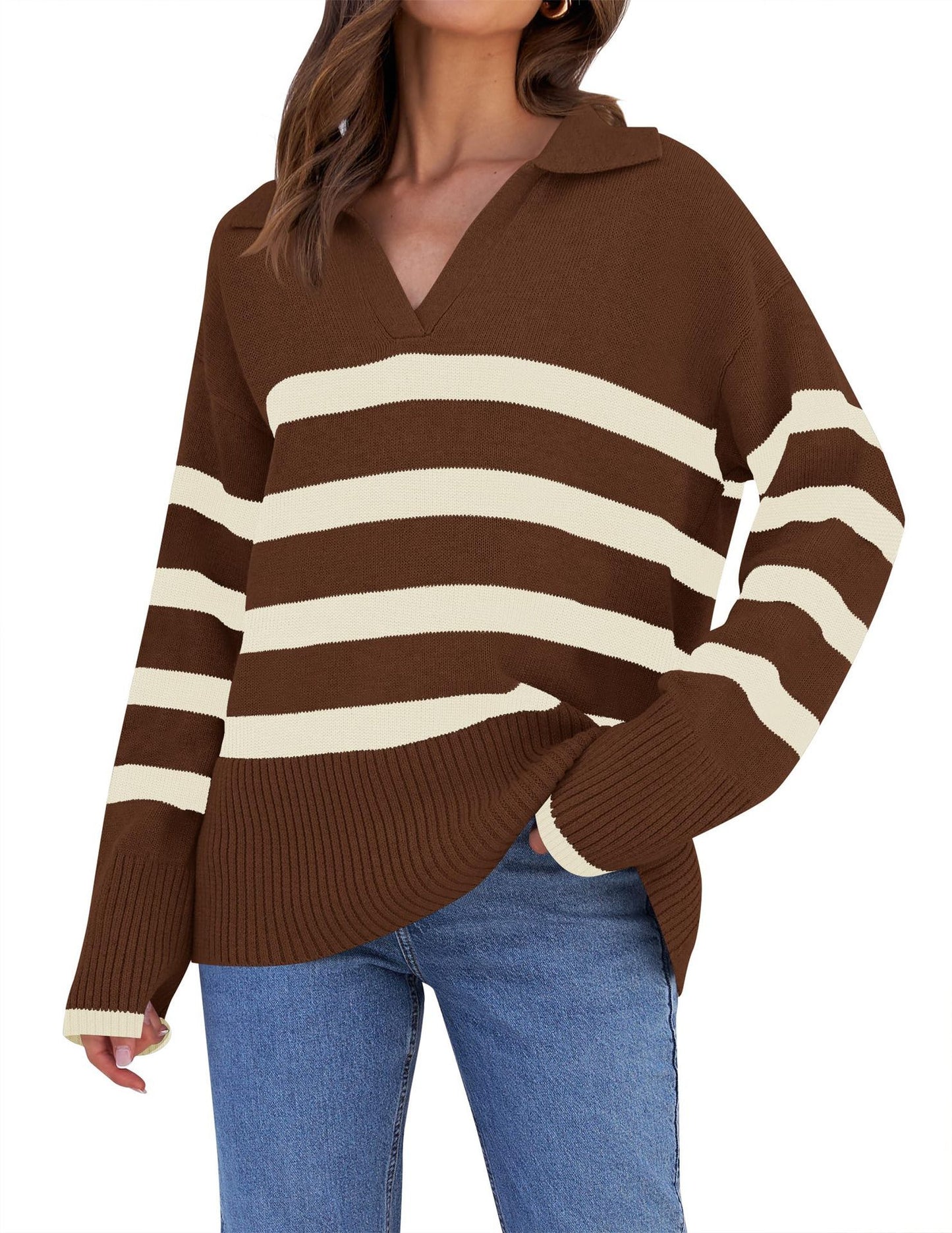 Loose Striped V-Neck Knit Sweater