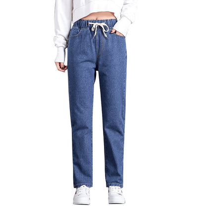 High-Waist Elastic Lace-Up Jeans
