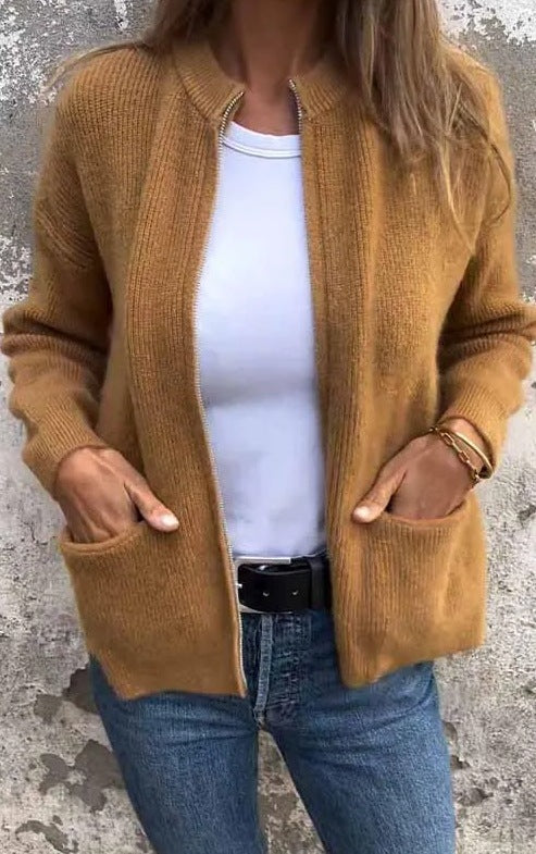 Solid Color Zipper Cardigan Coat