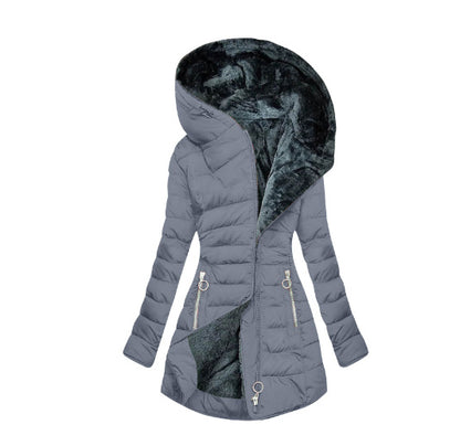 Plush Hooded Mid-Length Puffer Coat