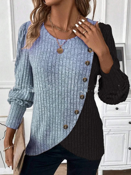 Two-Tone Buttoned Ribbed Knit Top