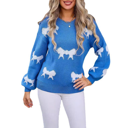 Round-Neck Bow Pattern Knit Sweater