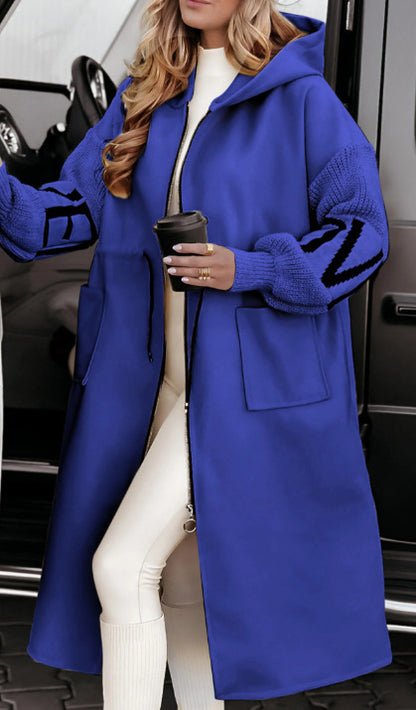 Hooded Knit-Sleeve Long Jacket