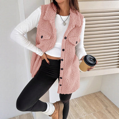 Lapel Open-Front Plush Vest Cardigan