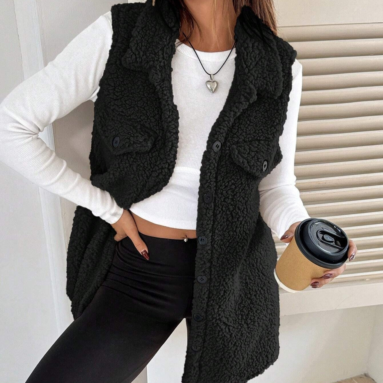 Lapel Open-Front Plush Vest Cardigan