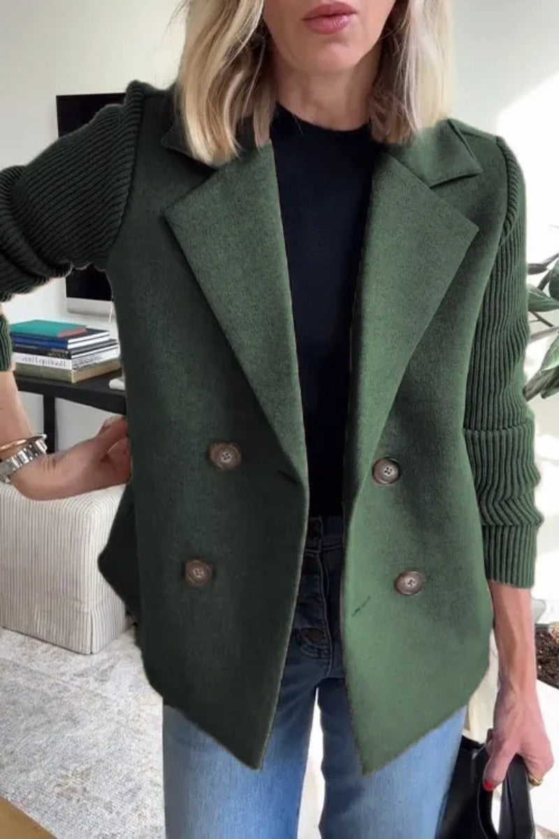 Double Breasted Lapel Coat with Knitted Sleeves