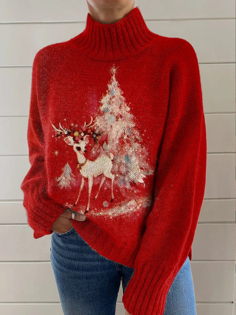 Reindeer Print Turtleneck Sweater
