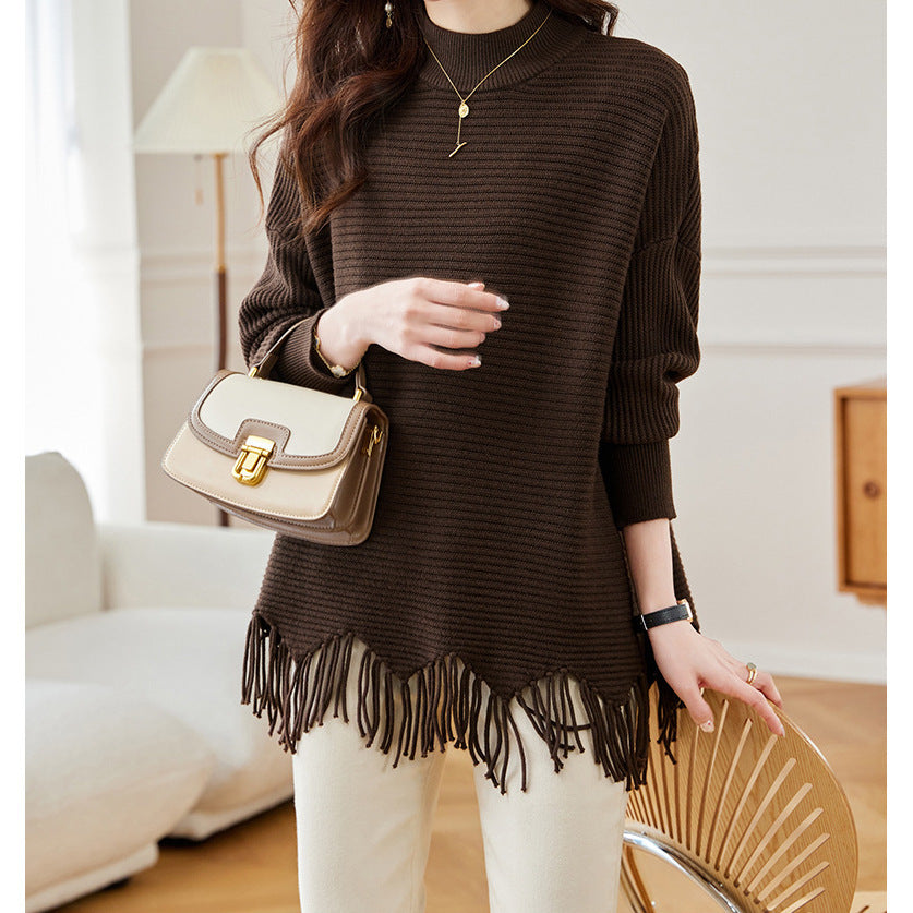 Half-Turtleneck Knit Sweater with Tassel Cape Hem