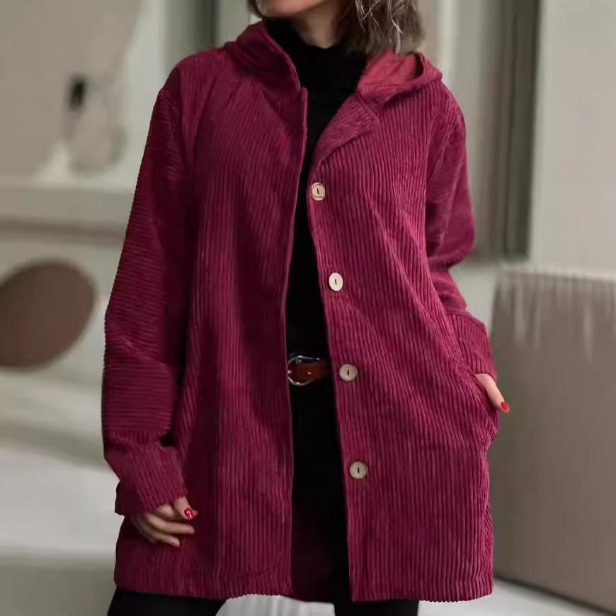 Hooded Corduroy Button-Up Casual Jacket