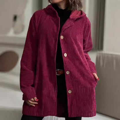 Hooded Corduroy Button-Up Casual Jacket
