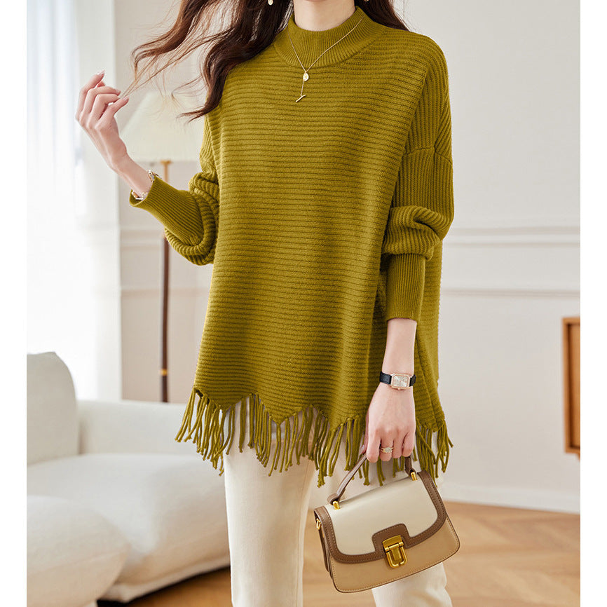 Half-Turtleneck Knit Sweater with Tassel Cape Hem