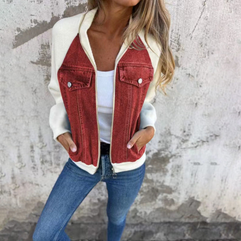 Denim Patchwork Zip-Up Casual Jacket