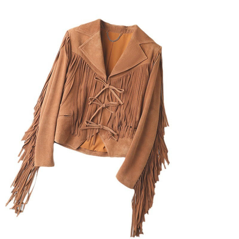 Genuine Sheepskin Tassel Moto Jacket