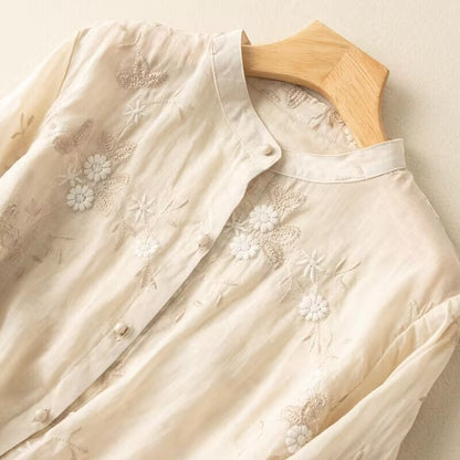 Retro Embroidered Cotton Linen Top