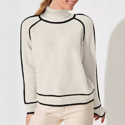 Casual High-Neck Knit Top with Contrast Edging