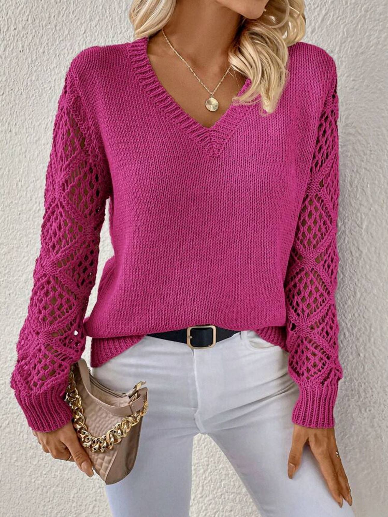 Hollow Sleeve V-Neck Knit Pullover