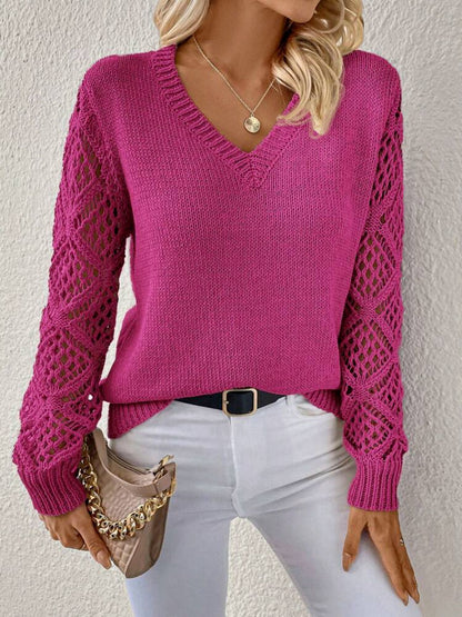 Hollow Sleeve V-Neck Knit Pullover
