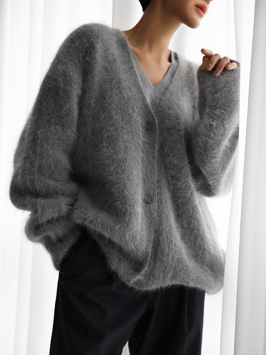V-Neck Fuzzy Button Cardigan