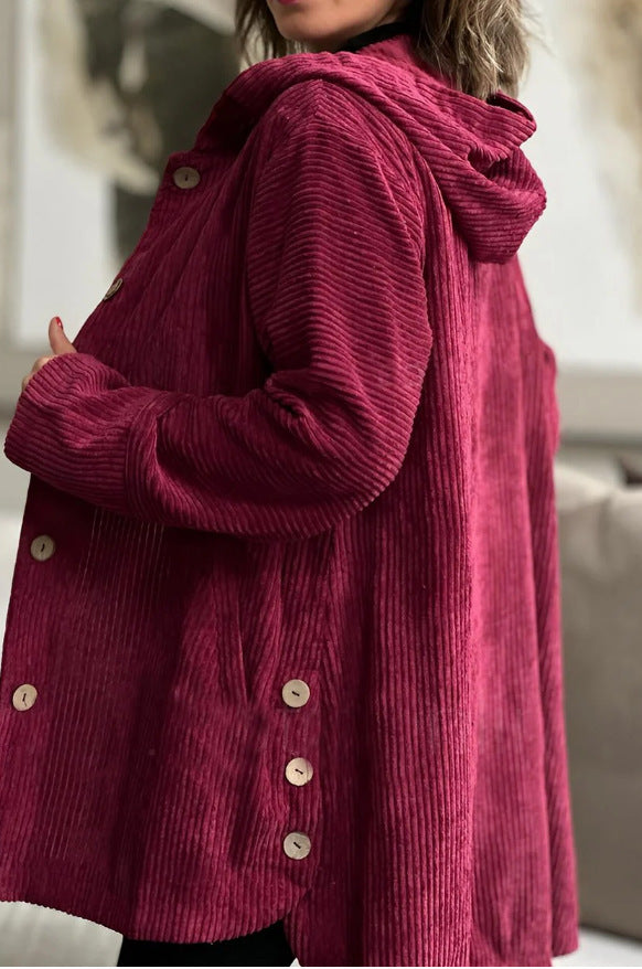 Hooded Corduroy Button-Up Casual Jacket
