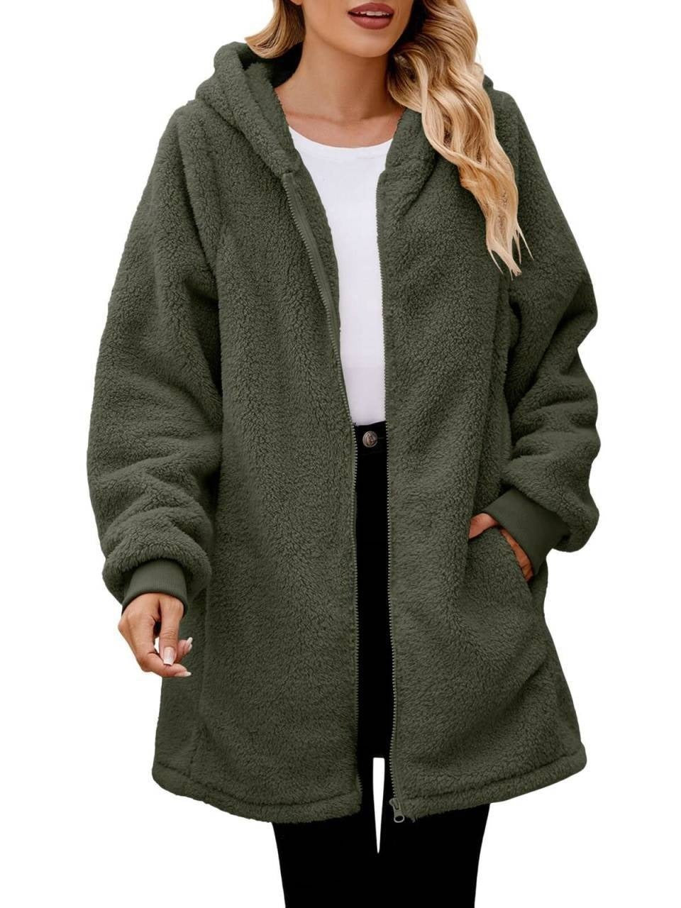 Plush Hooded Zip Cardigan Coat