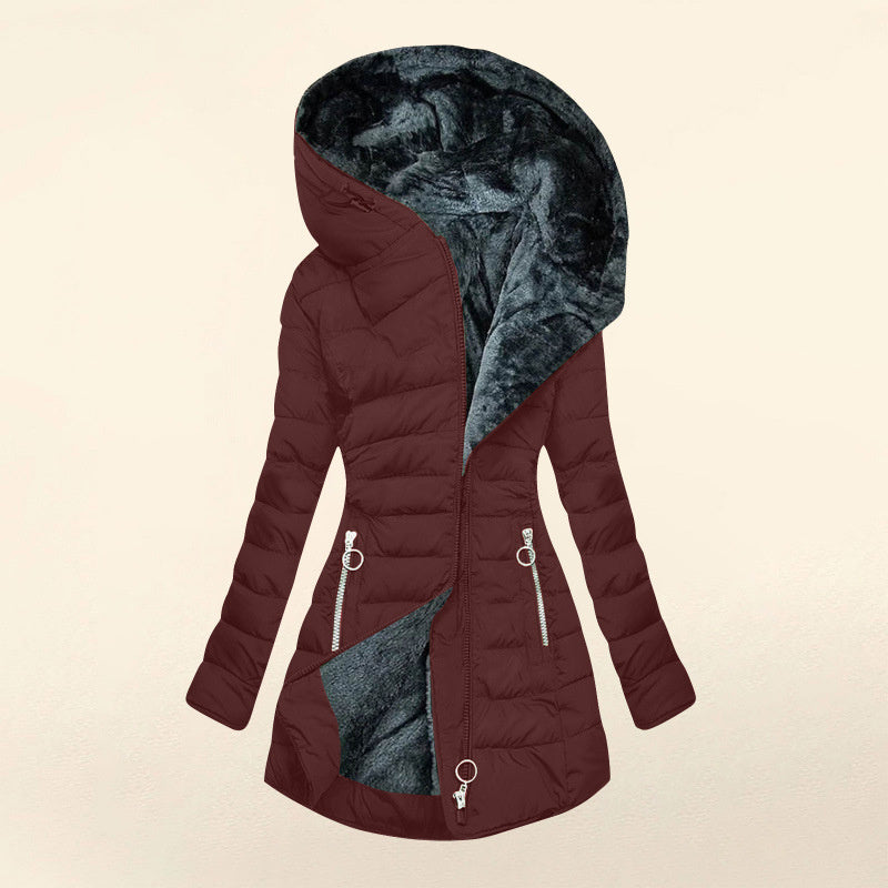 Plush Hooded Mid-Length Puffer Coat
