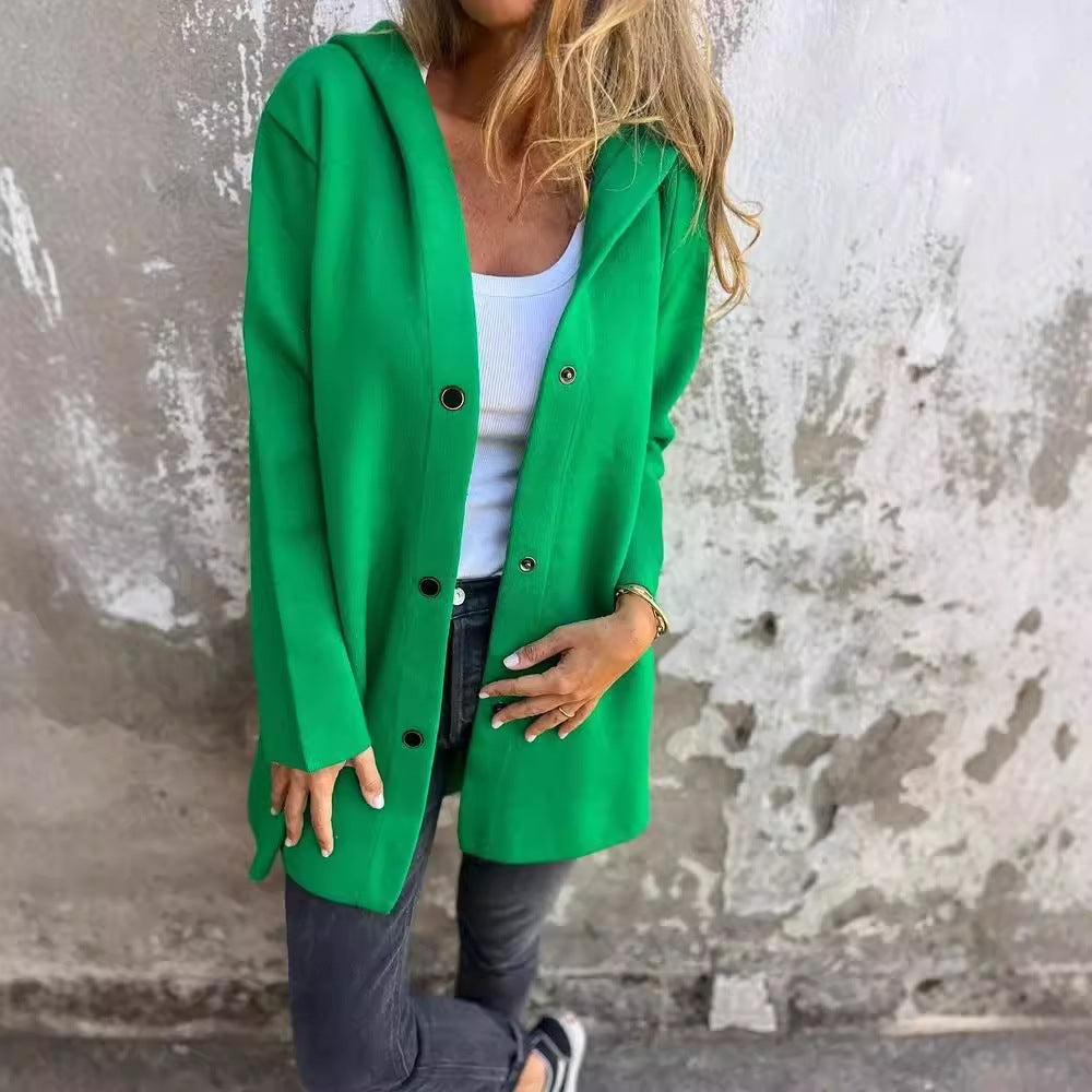 Loose Fit Hooded Solid Color Cardigan