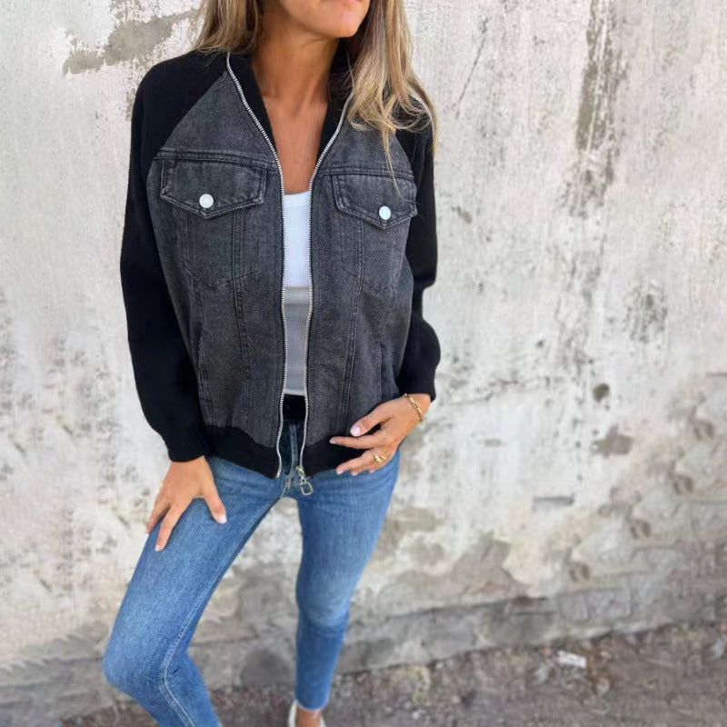 Denim Patchwork Zip-Up Casual Jacket