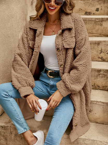 Women's Long Plush Button-Up Coat