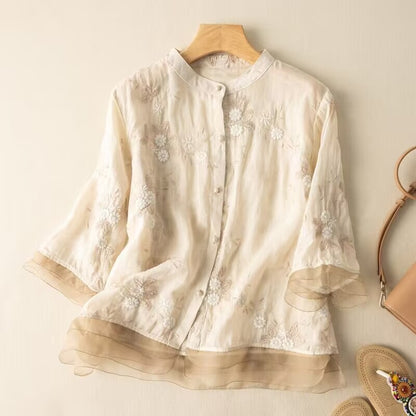 Retro Embroidered Cotton Linen Top